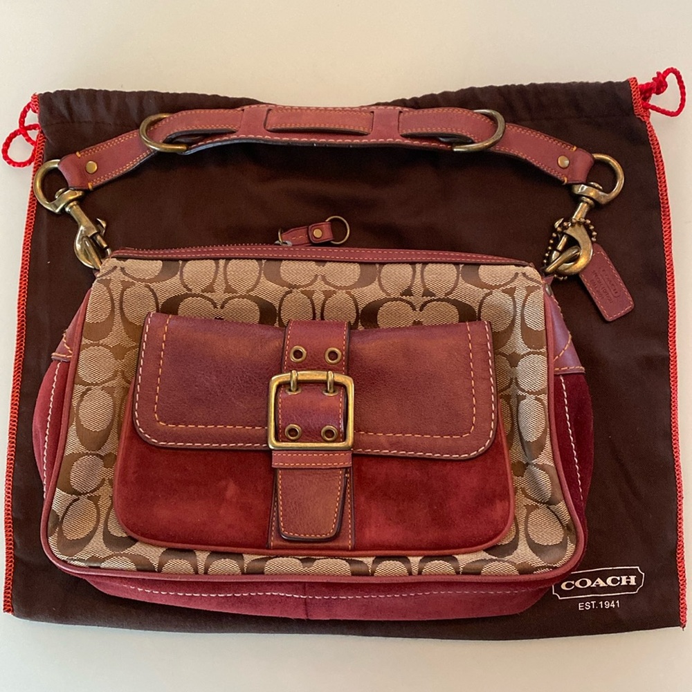 Vintage Coach Special Edition 2004 Tan Signature Red Suede Small Shoulder Bag